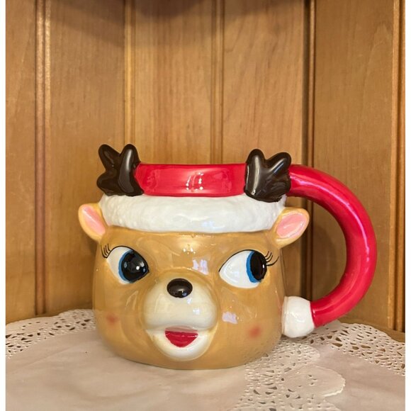 Large Reindeer Retro Christmas Mug Boston Warehouse Antlers & Santa Hat 16oz - Picture 1 of 7